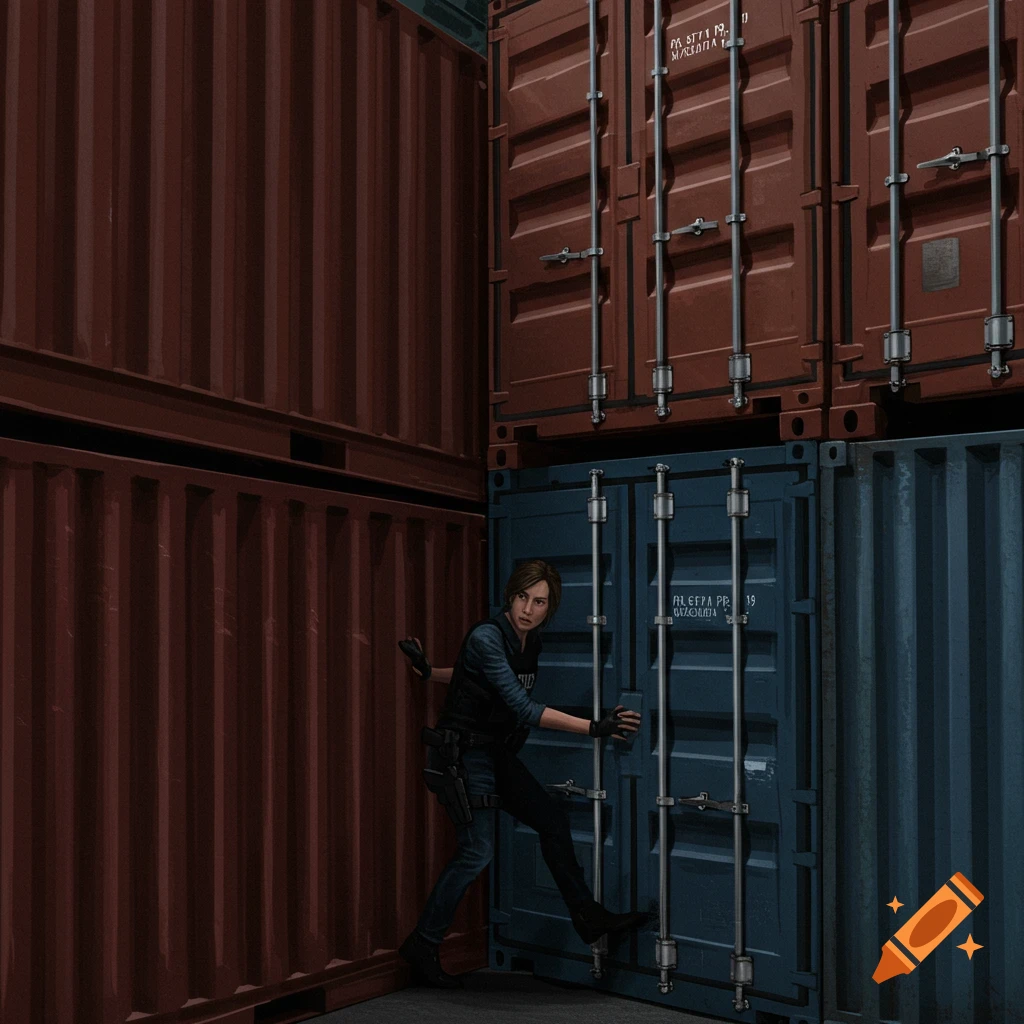 Woman in tactical gear opening a blue shipping container in a yard.
