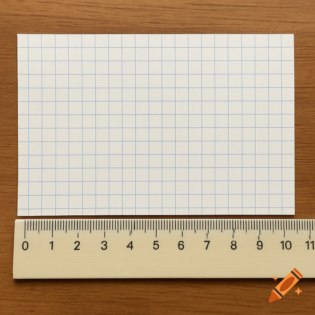 A grid-ruled note card next to a ruler on a wooden surface.