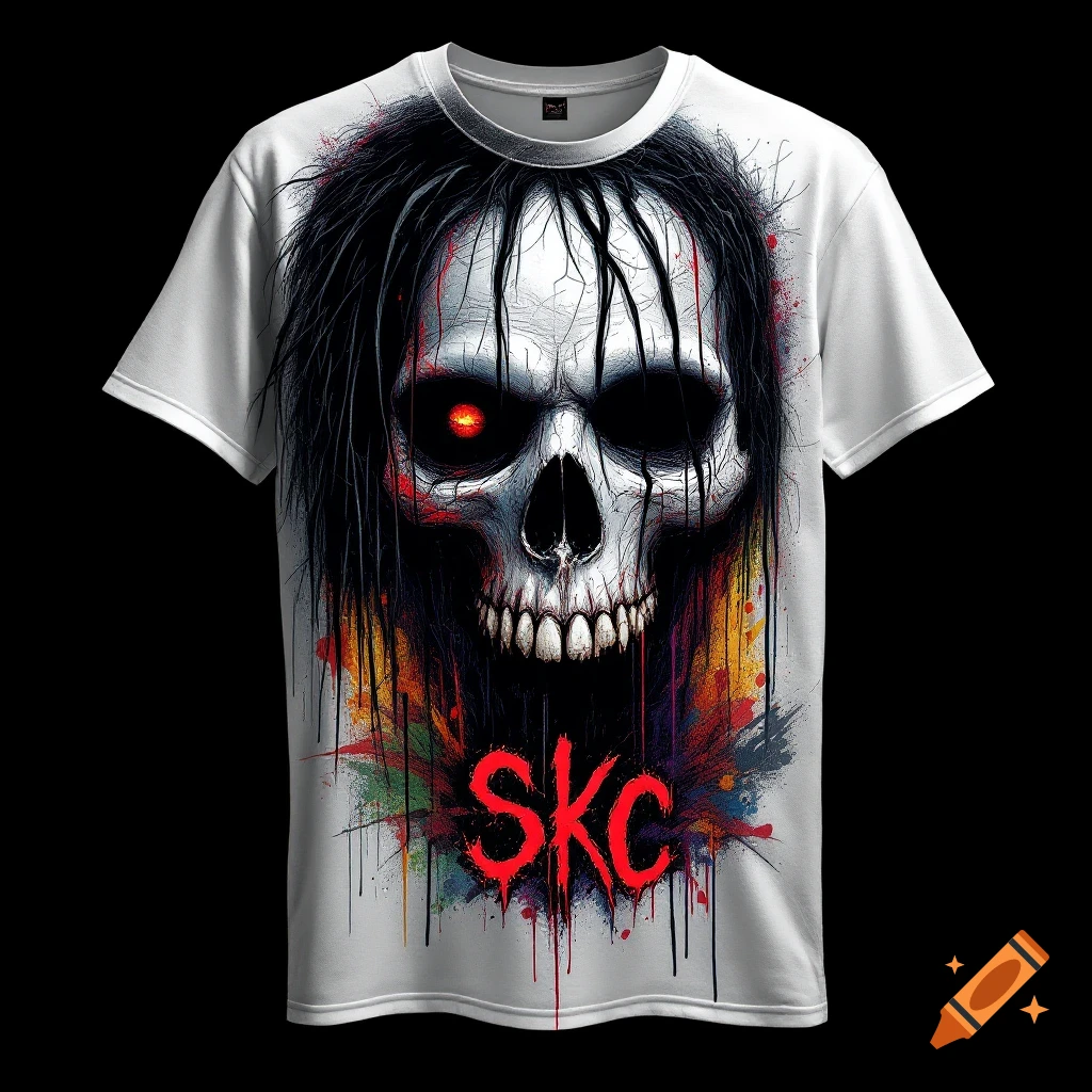 White t-shirt with a grunge skull graphic, red eyes, messy black hair, paint splatters, and red 'SKC' text