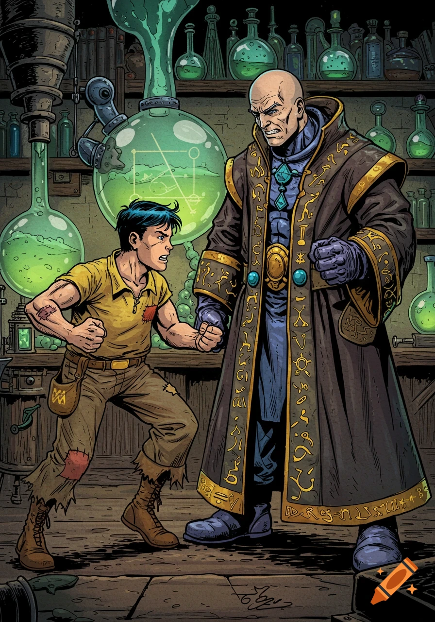 Comic book illustration of a young man facing a bald man in a lab.