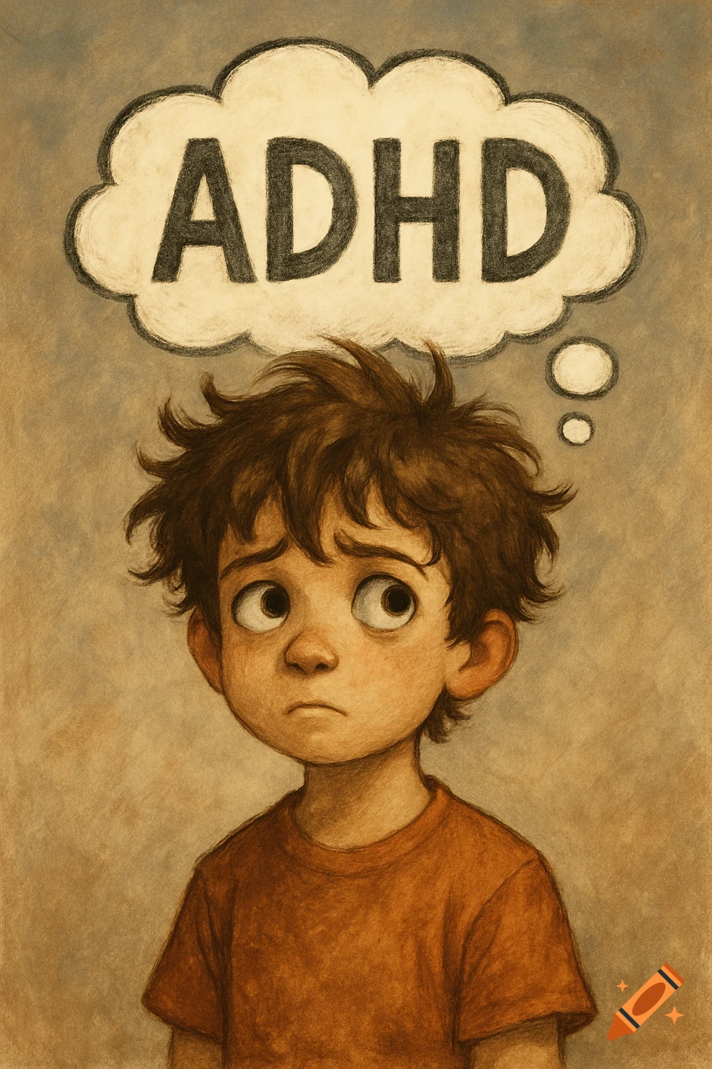 Illustration of a young boy with a worried expression looking up at a thought bubble above his head containing the text "ADHD".