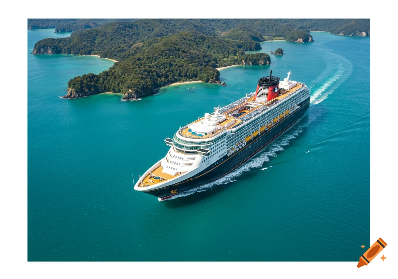 Aerial view of a large cruise ship sailing past forested islands in a turquoise bay.