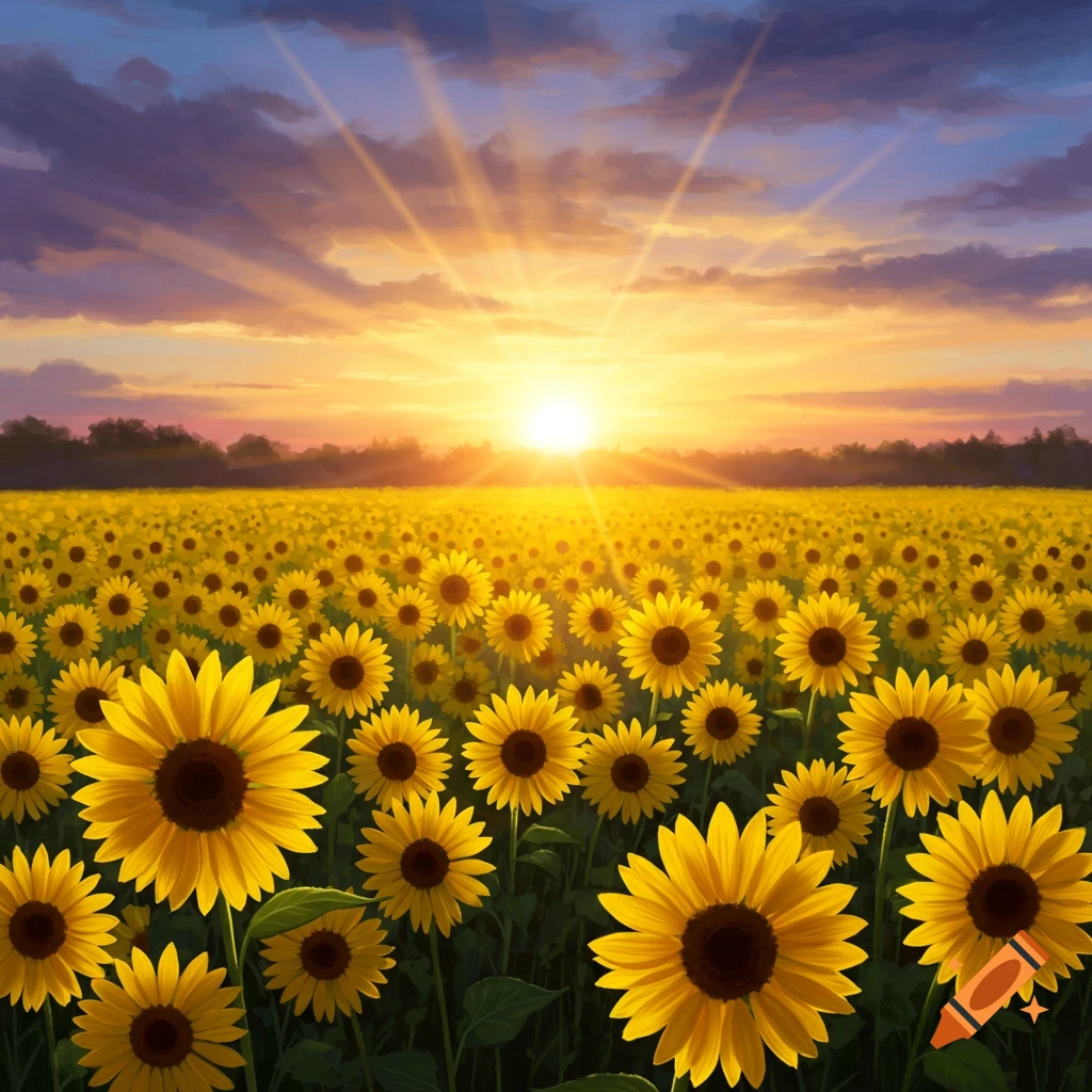 Field of bright yellow sunflowers under a dramatic sunset sky with sun rays, painting style.