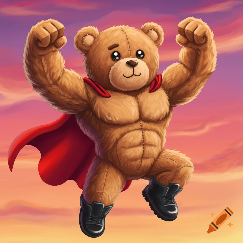 A muscular teddy bear in a red cape and black boots flies with fists raised against a sunset sky.