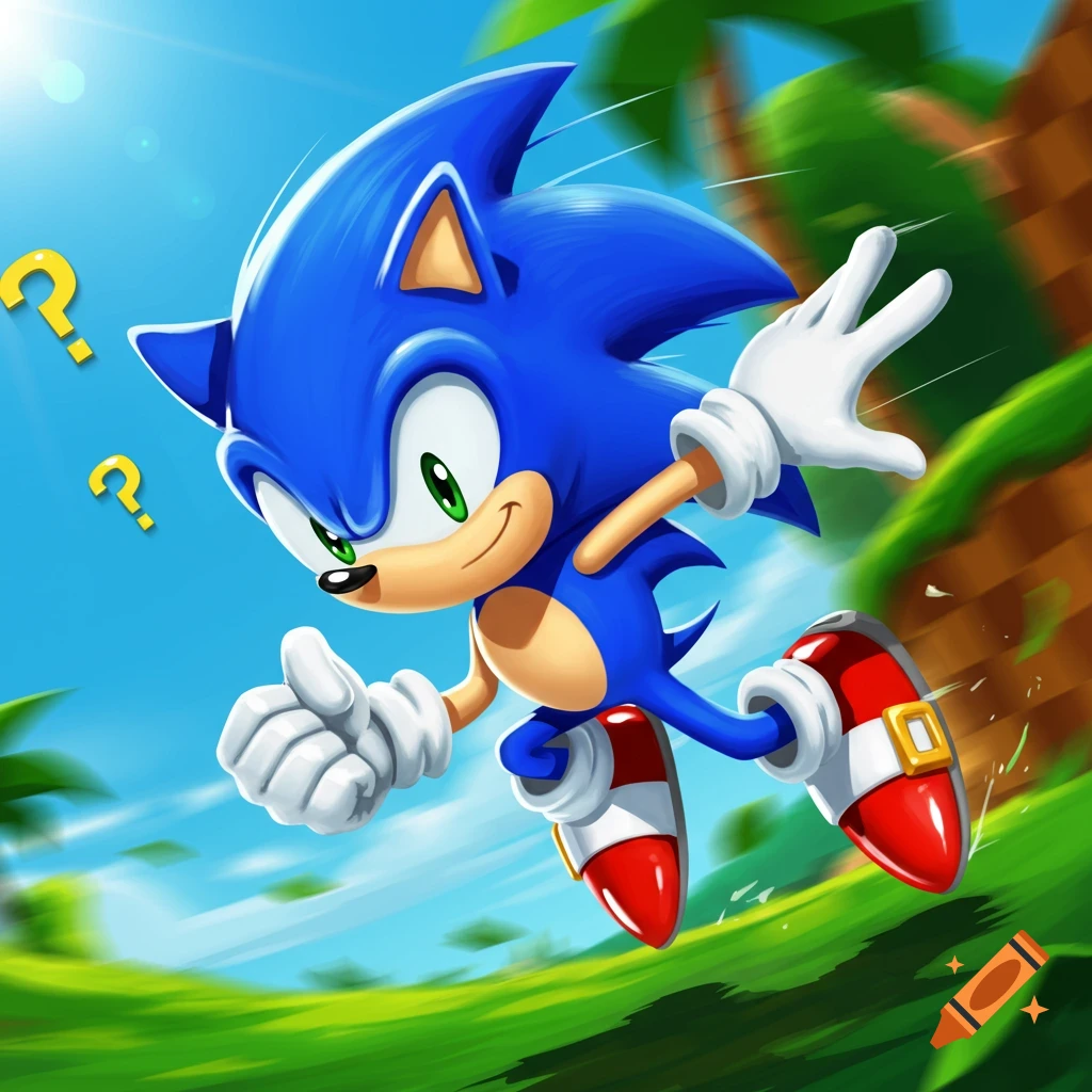 Sonic the Hedgehog running in a grassy landscape with question marks