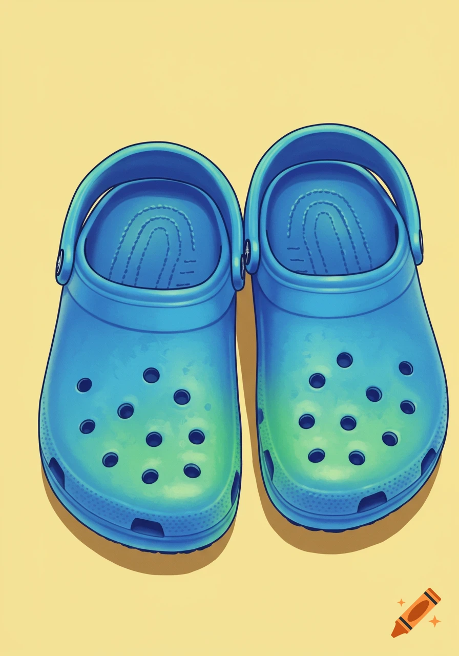 Two blue Crocs clogs on a light background, illustration style.