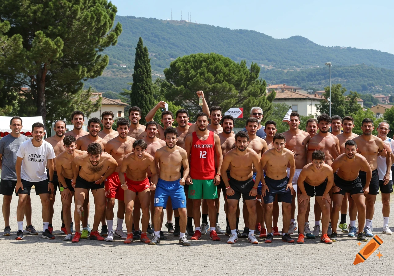 Large group photo of shirtless men in shorts posing outdoors