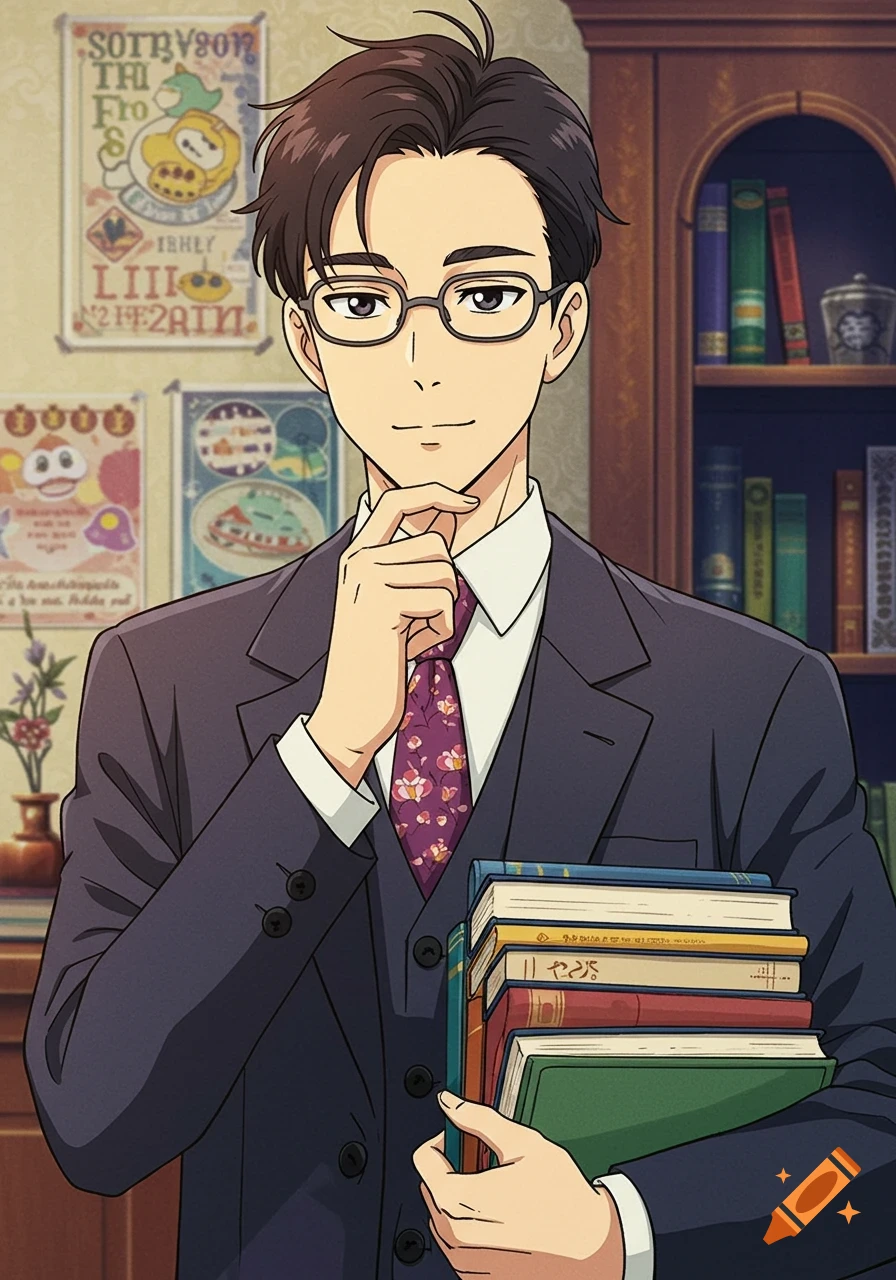 Anime portrait of a young man in a suit holding books in a library.