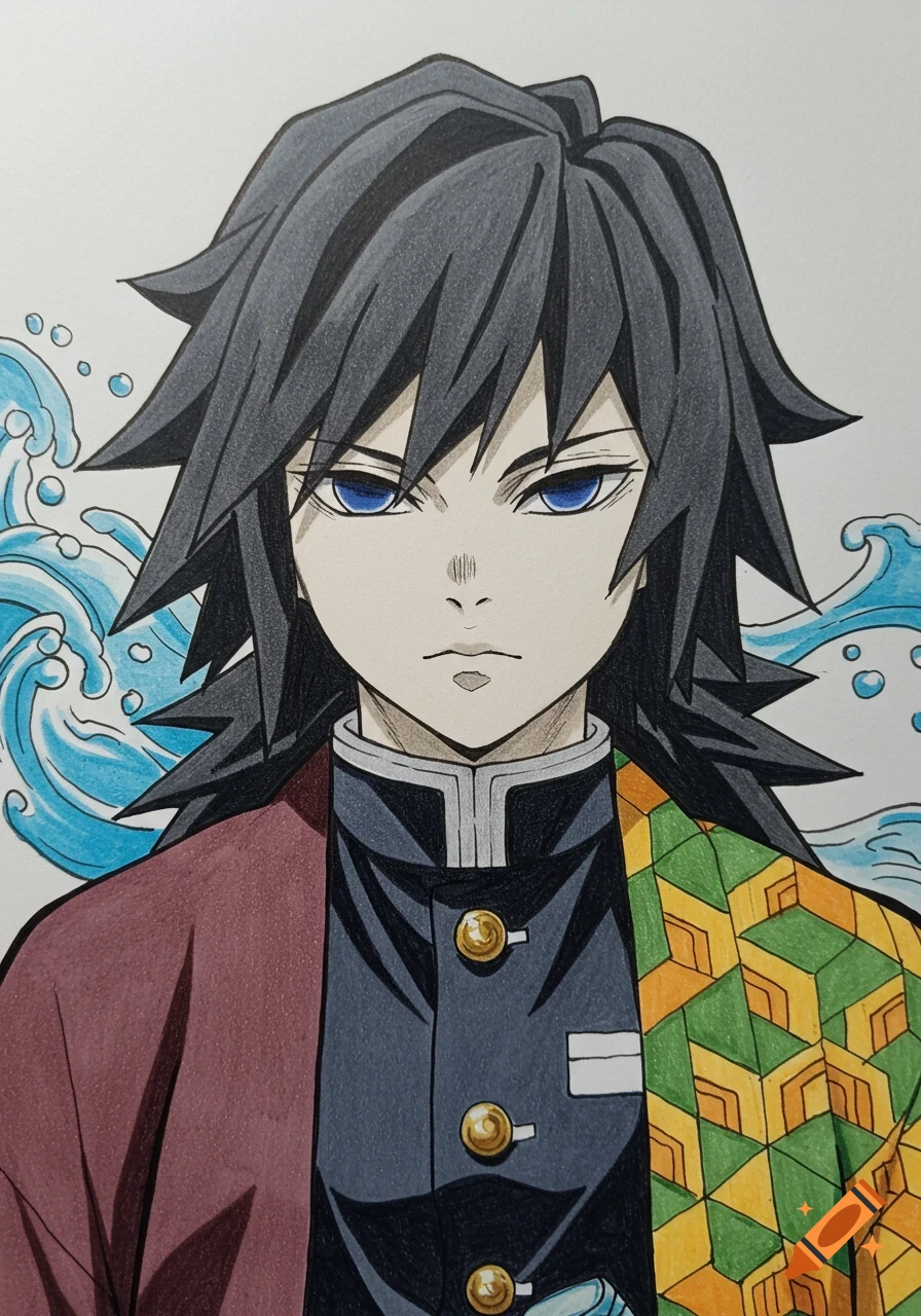 Drawing of Giyu Tomioka from Demon Slayer with water effects
