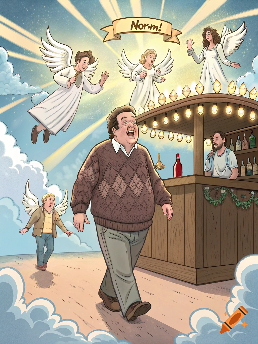 Illustrated scene of a man walking towards a bar in the sky surrounded by angels, with text on a banner.