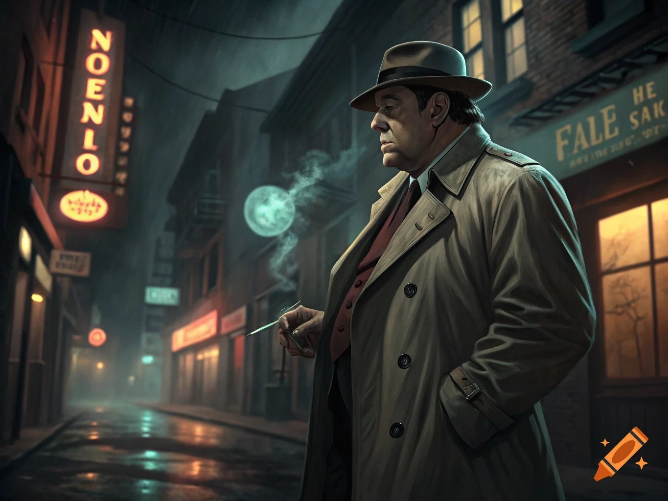 A man in a trench coat and fedora smokes on a rainy city street at night in a noir style.