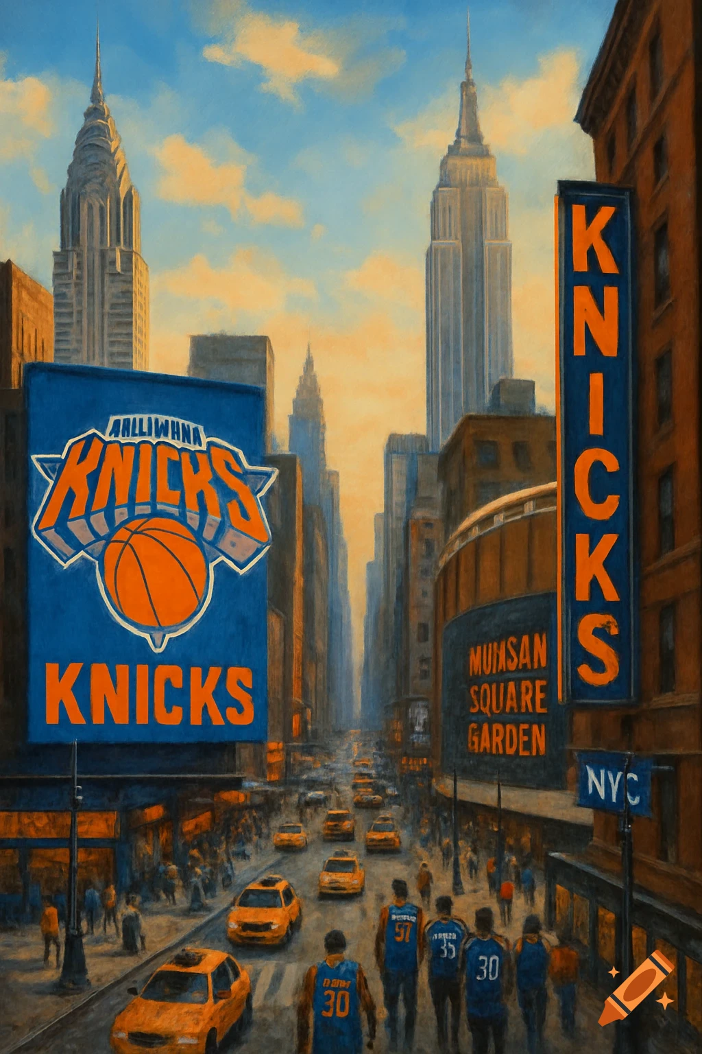 A painterly street view in New York City featuring tall buildings, yellow taxis, people, and large signs with Knicks logos and text.