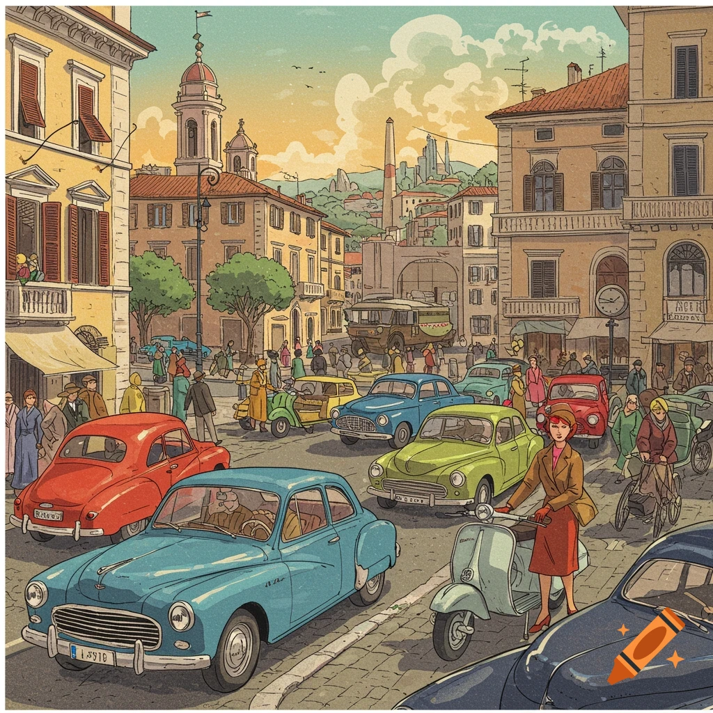 Illustration of a busy street scene in a European city with vintage cars and people.
