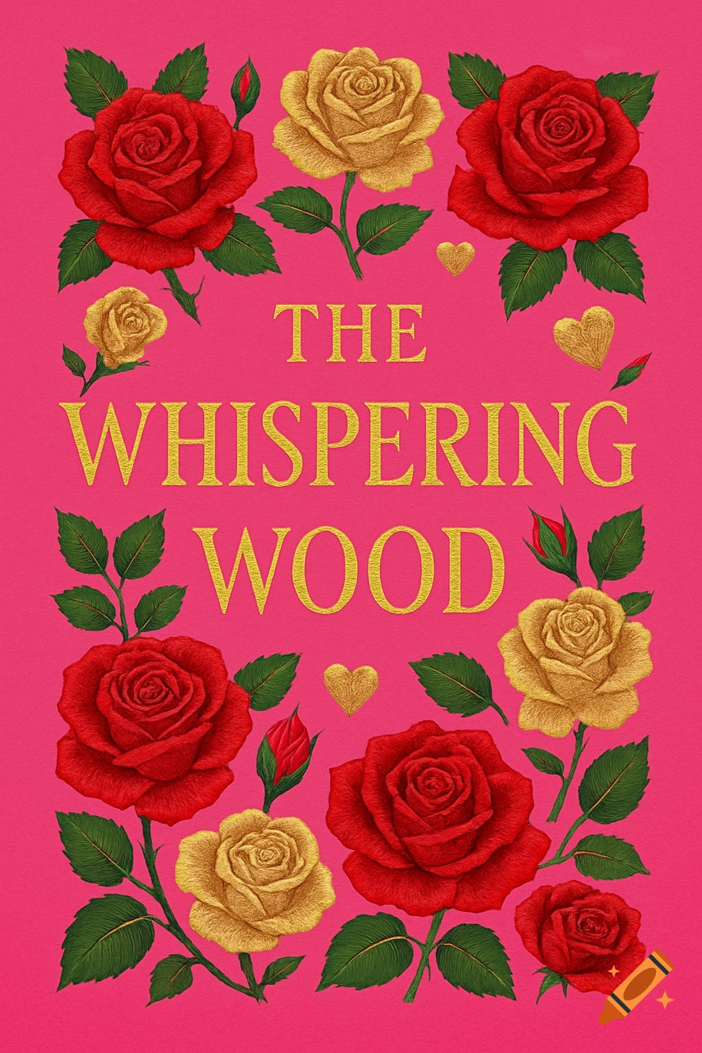 Book cover with red and gold roses, hearts, and text 'The Whispering Wood' on a hot pink background.