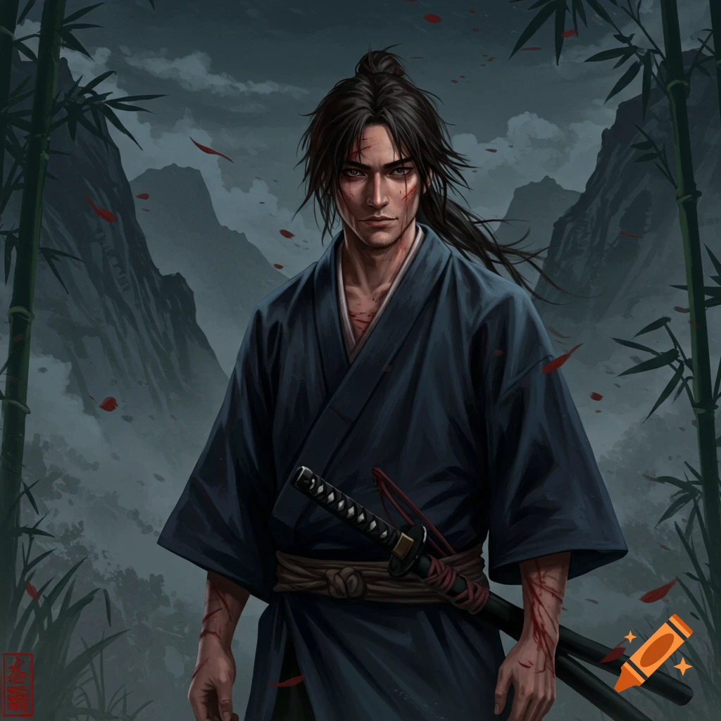 Illustration of a scarred Japanese ronin with a katana standing in front of mountains and bamboo.