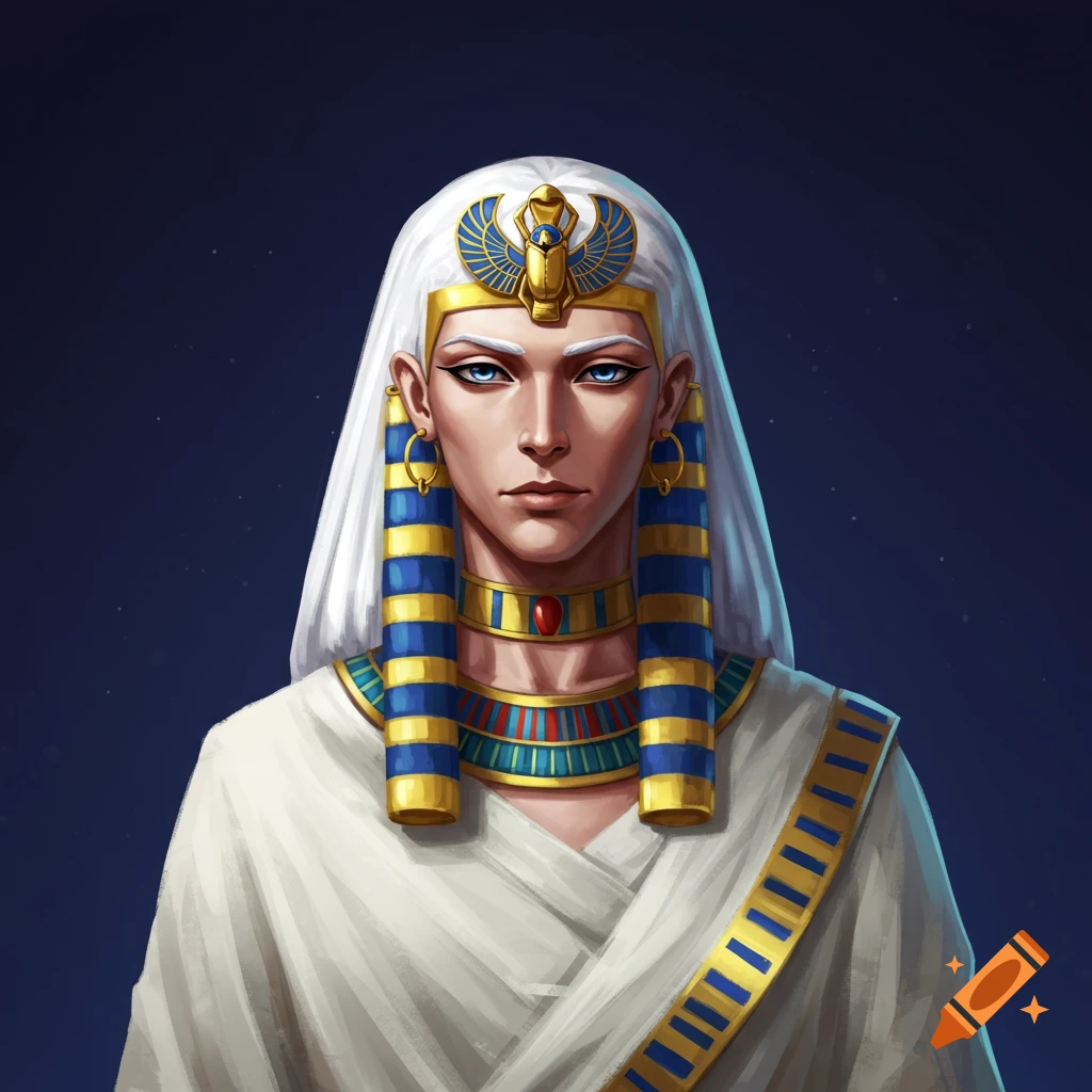 Portrait of a person with white hair wearing Egyptian headdress and collar, digital painting.