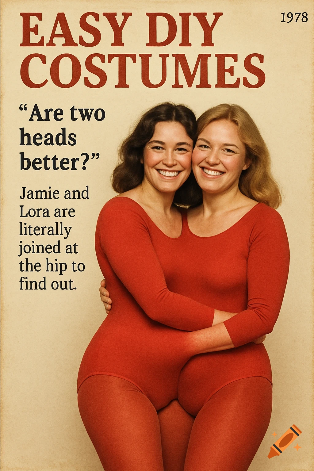 Two women in red bodysuits posing as a two-headed costume in a vintage magazine style.