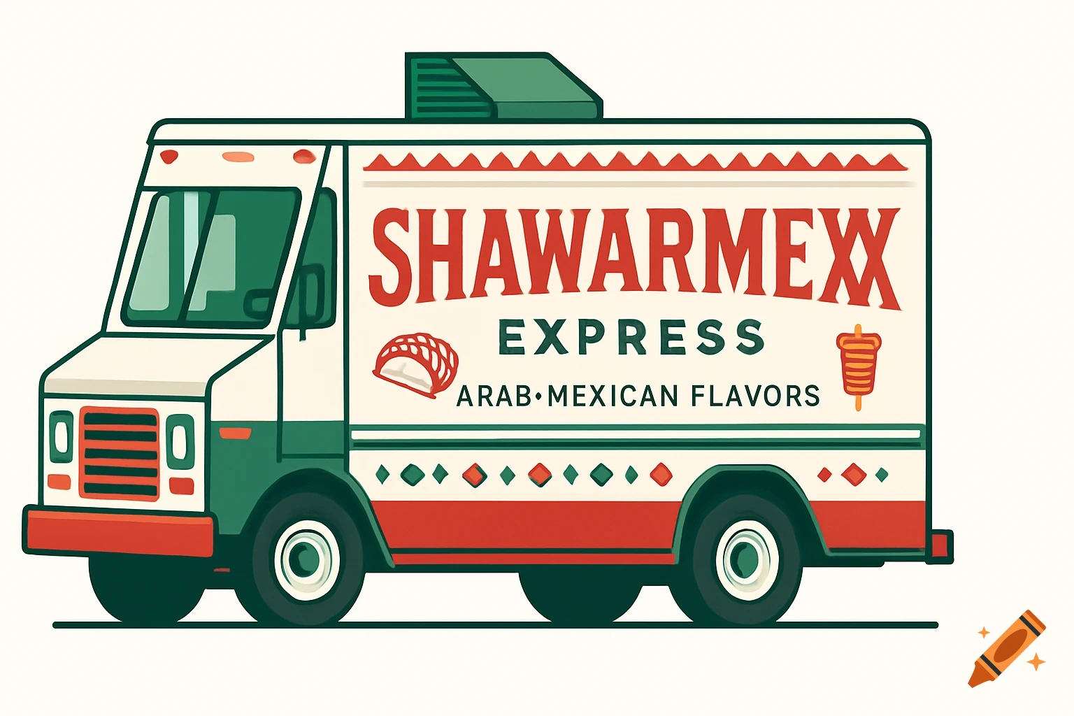 Flat-design illustration of a white, green, and red food truck with SHAWARMEXX EXPRESS ARAB-MEXICAN FLAVORS text and small food icons.