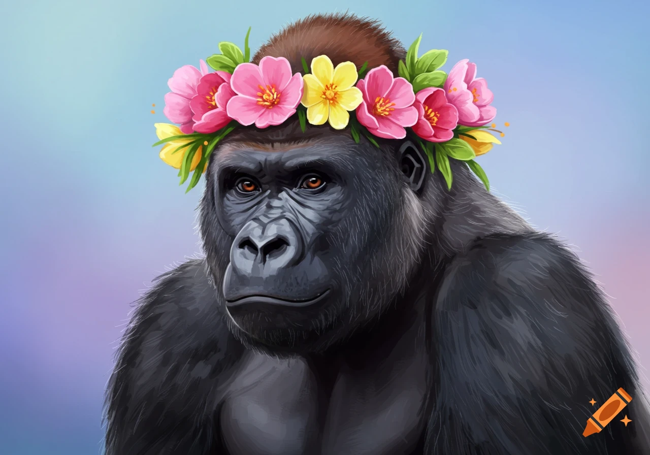 Illustration of a gorilla wearing a pink, yellow, and green flower crown