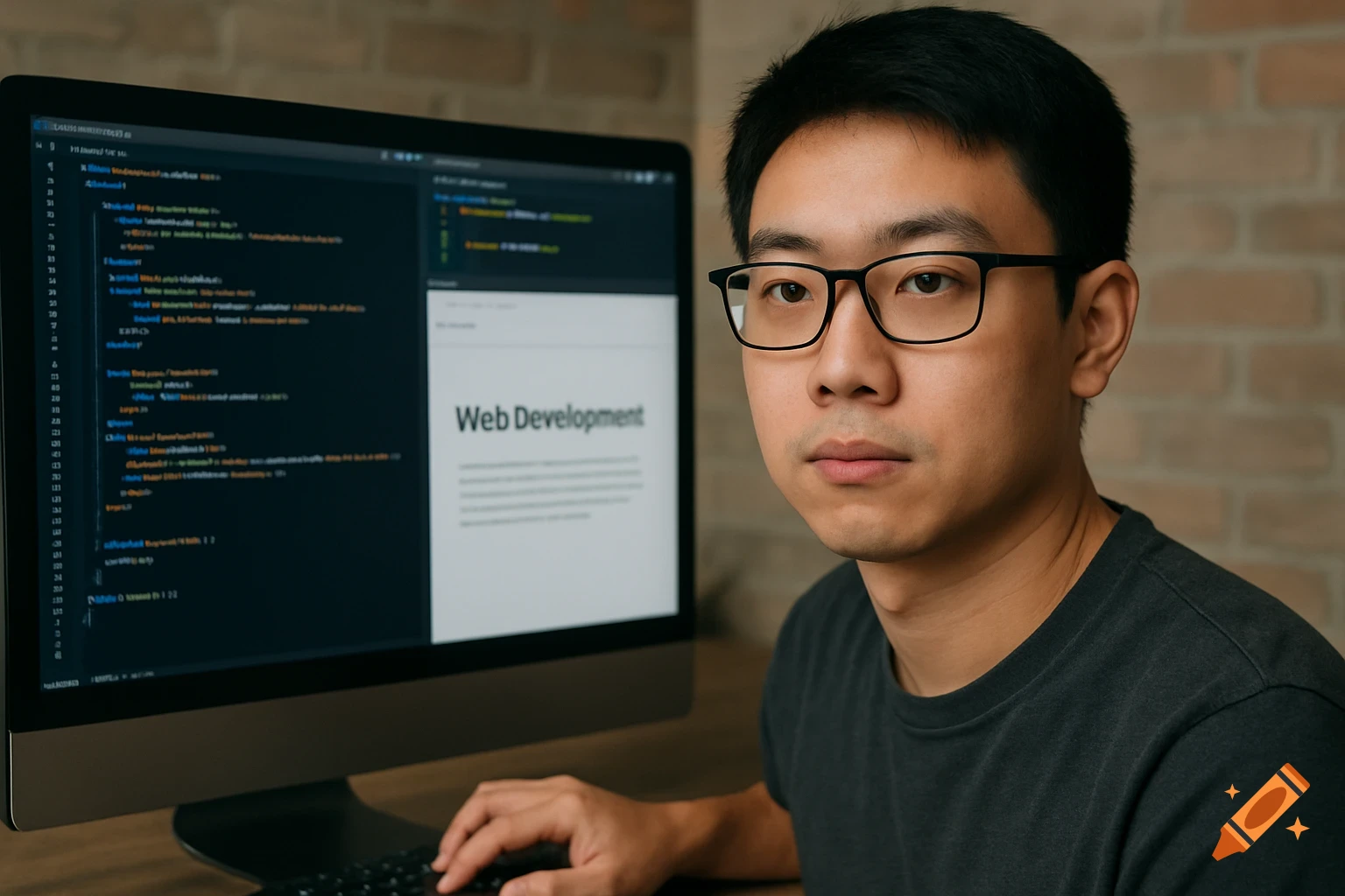 Photorealistic photo of a man coding on a computer showing 'Web Development' on the screen