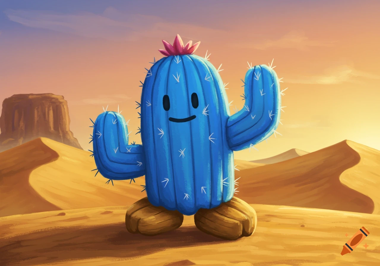 A blue anthropomorphic cactus character stands in a desert landscape.