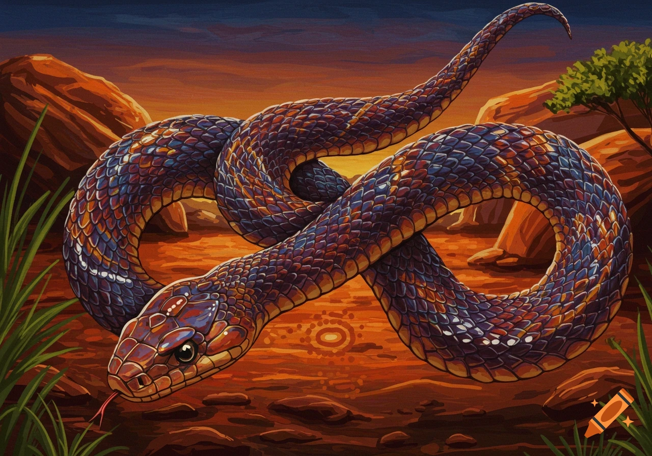 Illustration of a colorful snake coiled in an Australian desert landscape.
