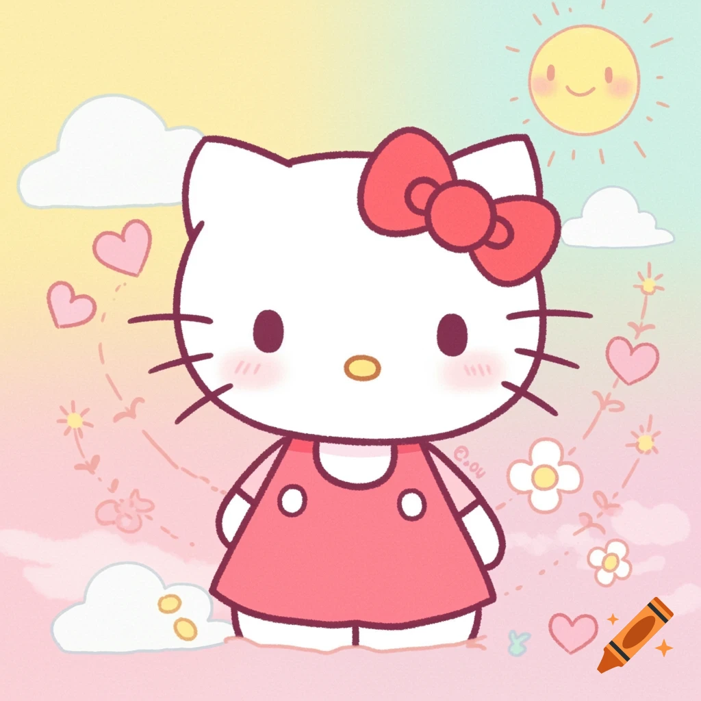 Cute cartoon Hello Kitty in a pink dress standing outdoors with hearts, clouds, and a smiling sun.