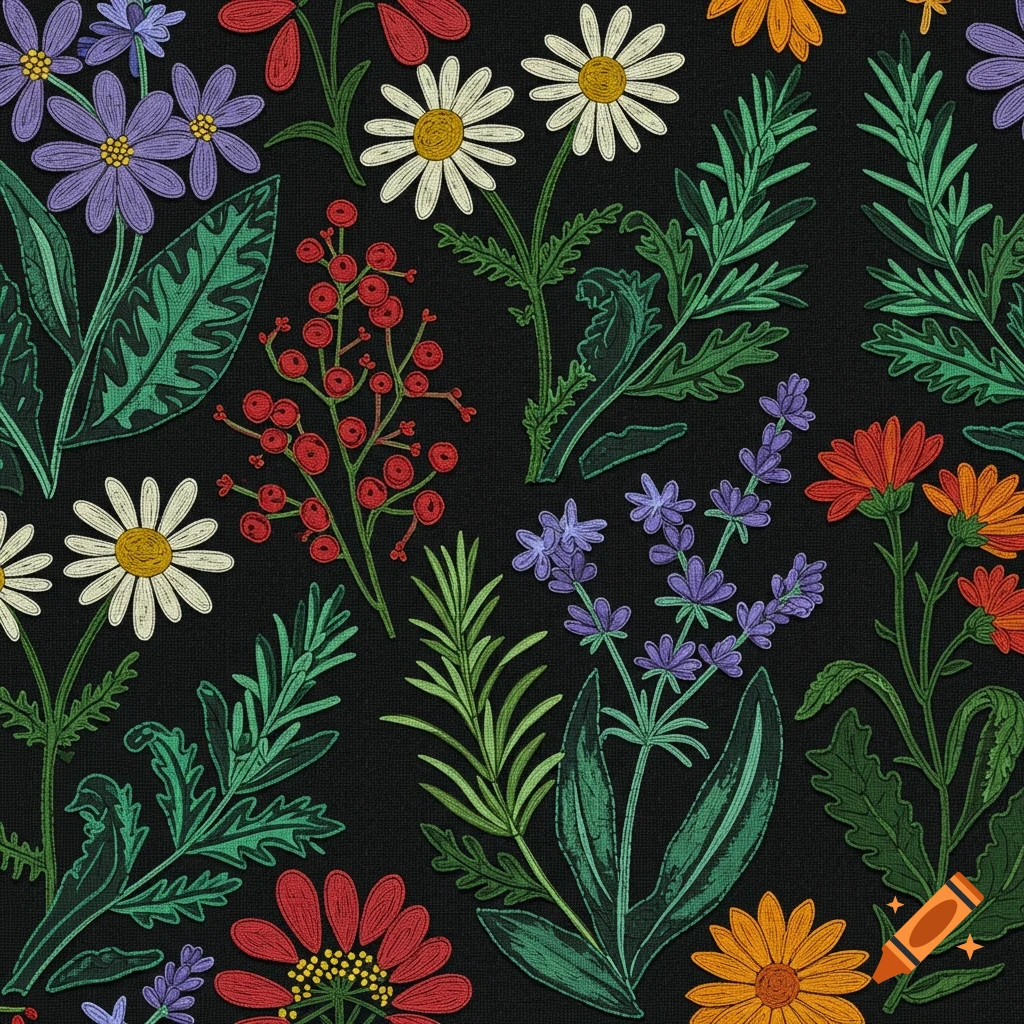 A seamless pattern of stylized flowers, berries, and leaves in red, blue, green, and white on a black background, resembling an applique design.