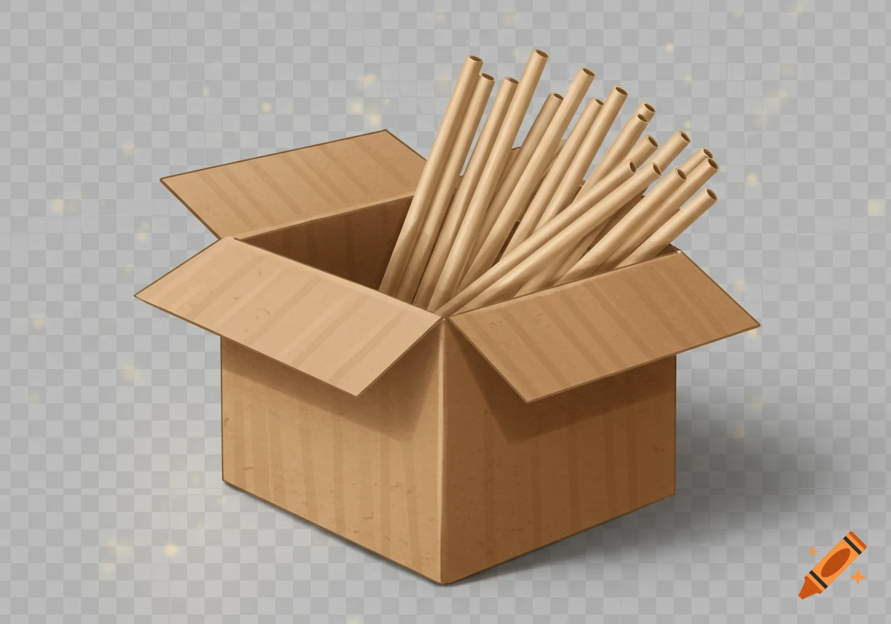 Brown cardboard box filled with paper straws on a transparent background in an illustrated style.