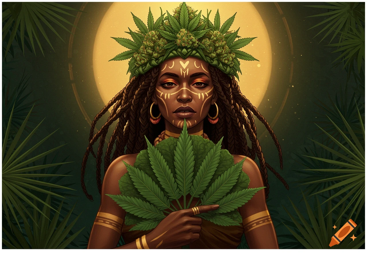 A tribal queen wearing a crown of marijuana leaves and buds, holding a fan of marijuana leaves, against a golden background with palm leaves.