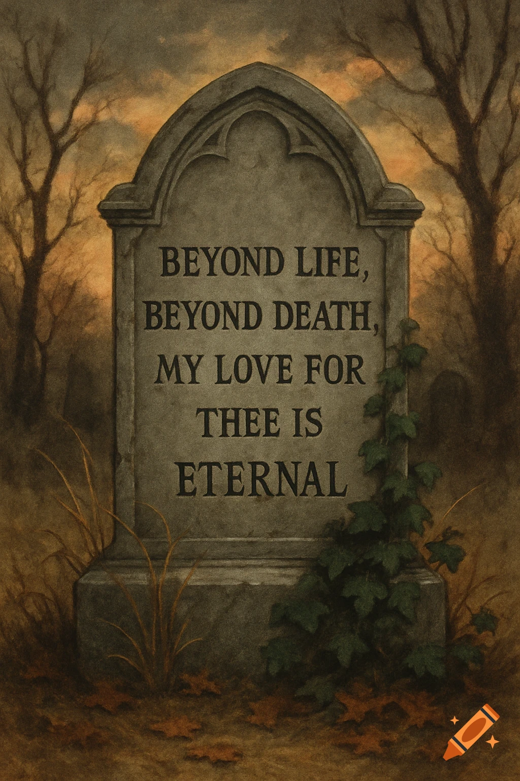 Gothic style gravestone with text in a dim cemetery.