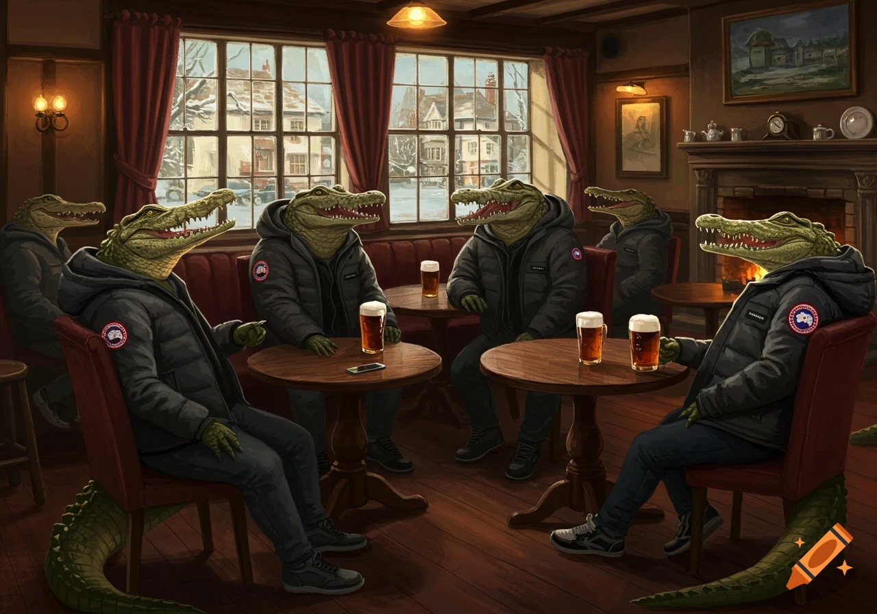 Anthropomorphic crocodiles in Canada Goose jackets sit at tables in a pub.