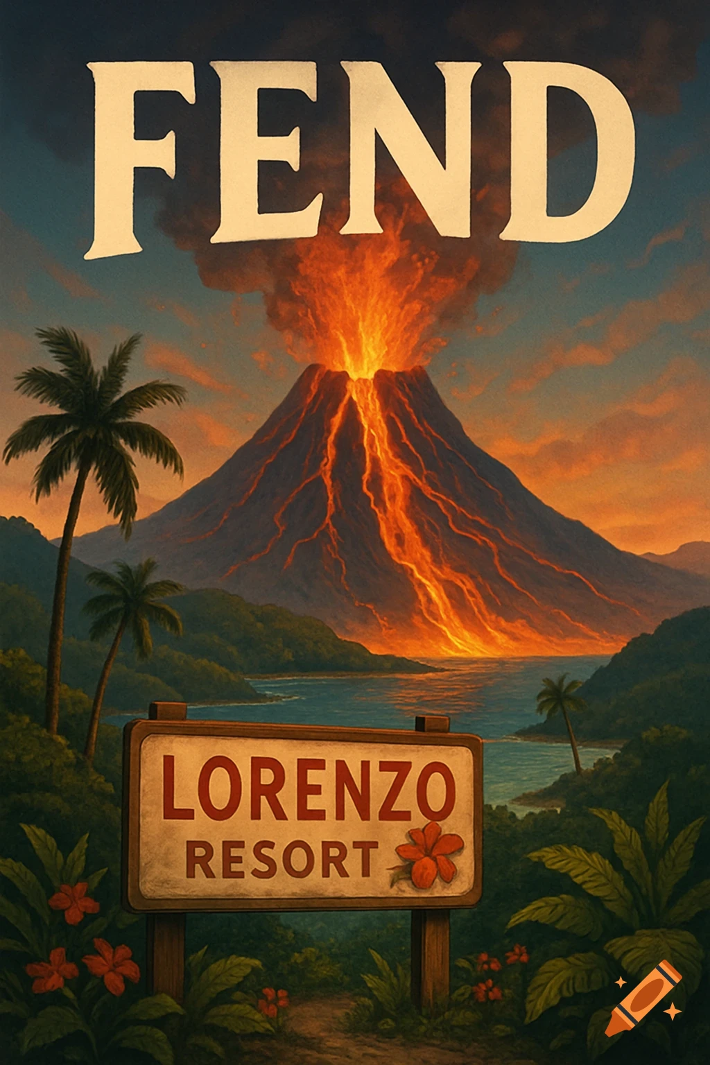 Illustration of a volcanic eruption behind a "Lorenzo Resort" sign in a tropical landscape, with "FEND" at the top.
