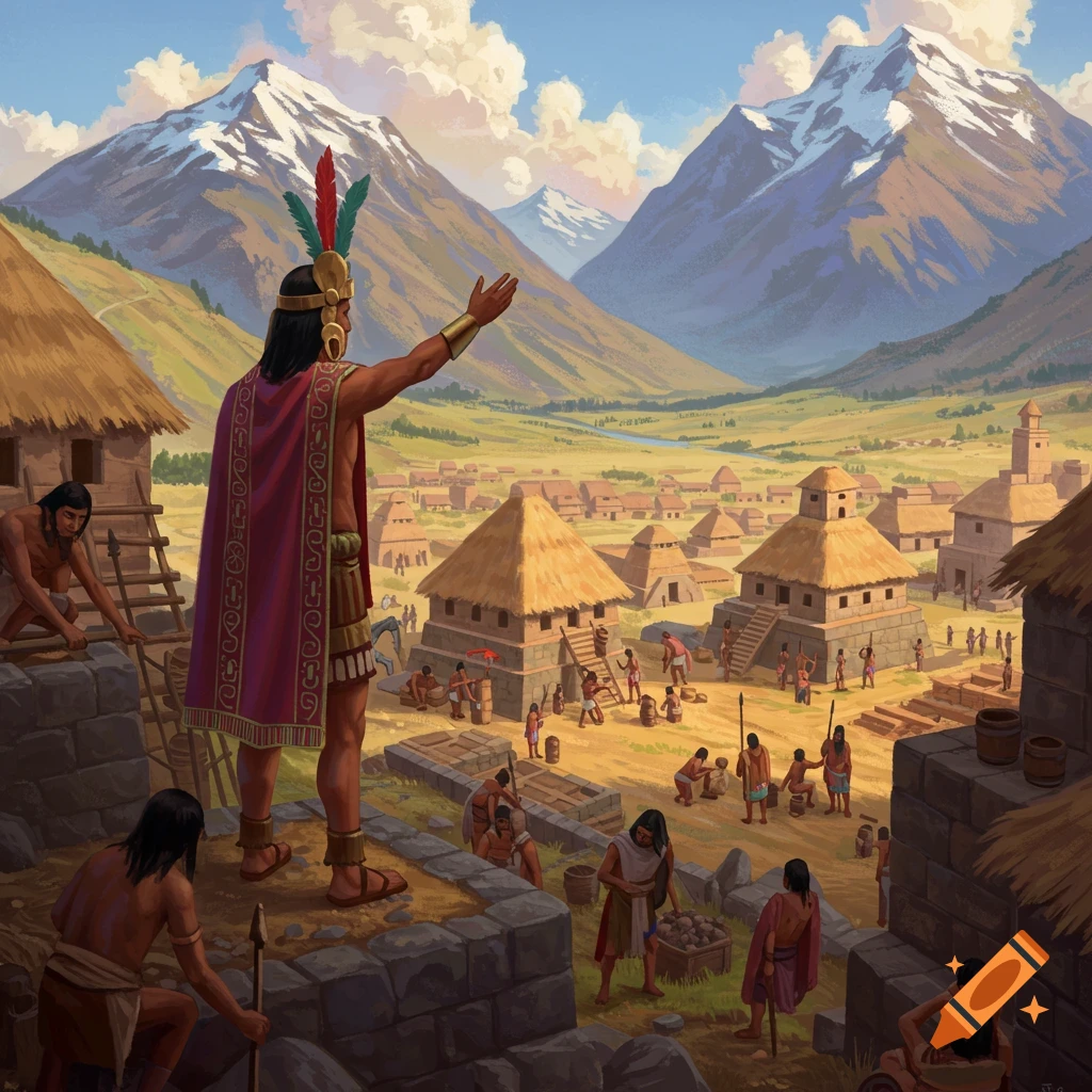 An illustration shows an ancient emperor standing on a wall overlooking a valley city with people building.