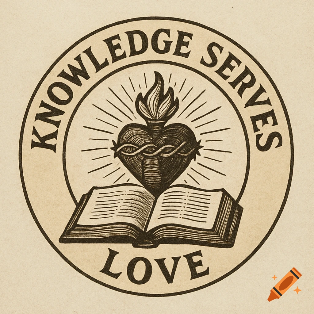 Vintage illustration logo with Sacred Heart, open book, and text 'Knowledge Serves Love'.