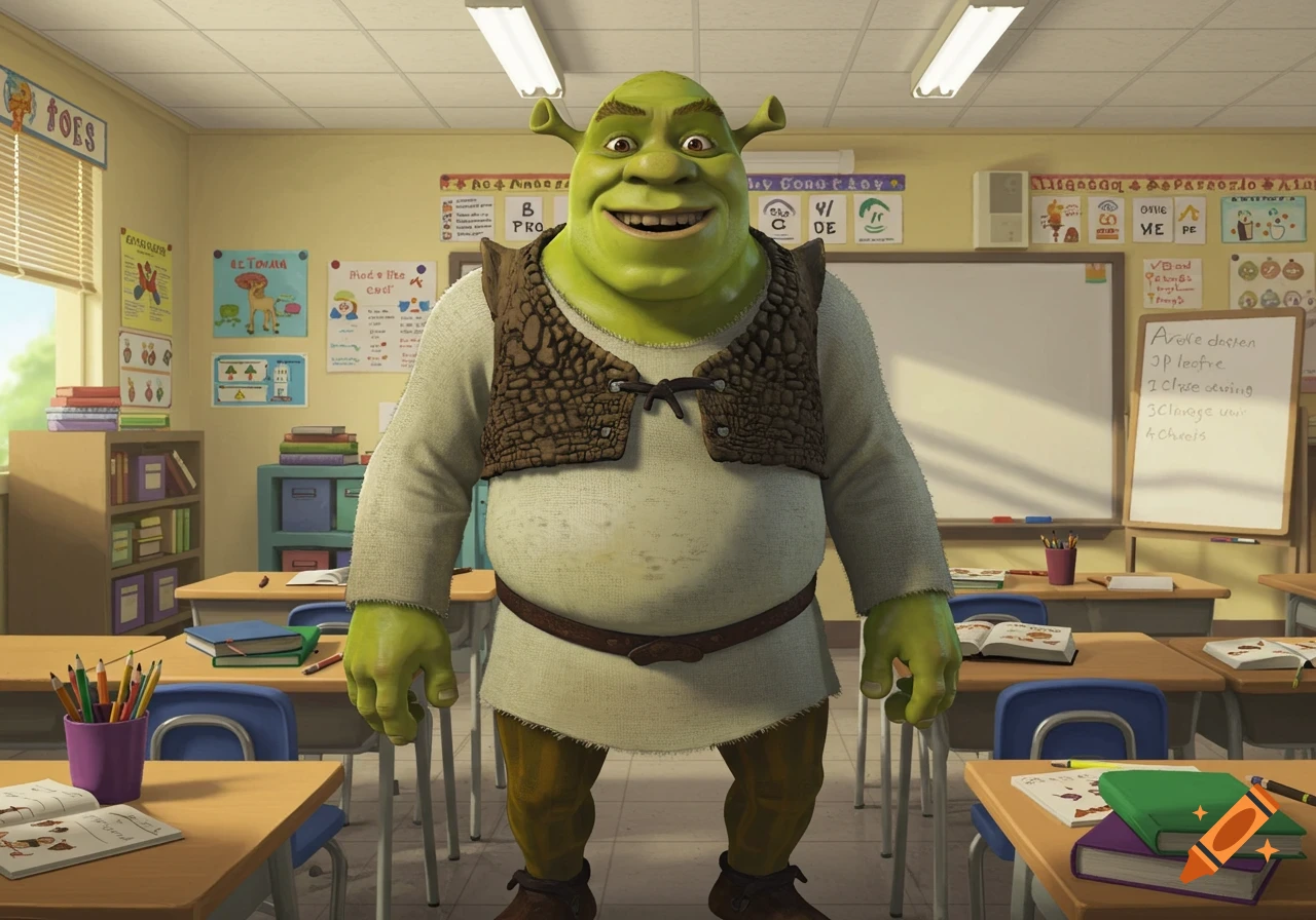 Shrek stands smiling in the middle of a classroom