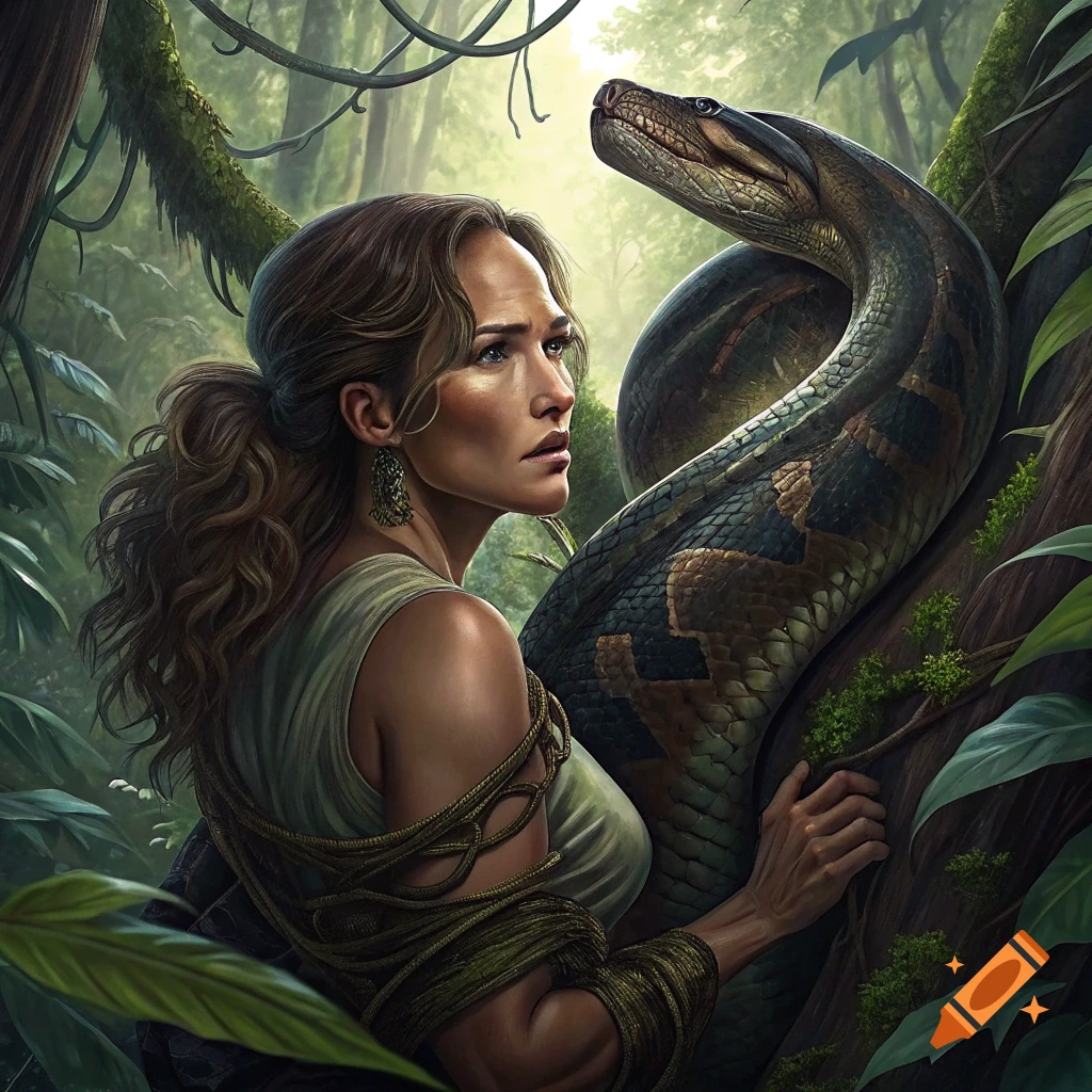 Woman looks up at a large snake in a jungle setting.