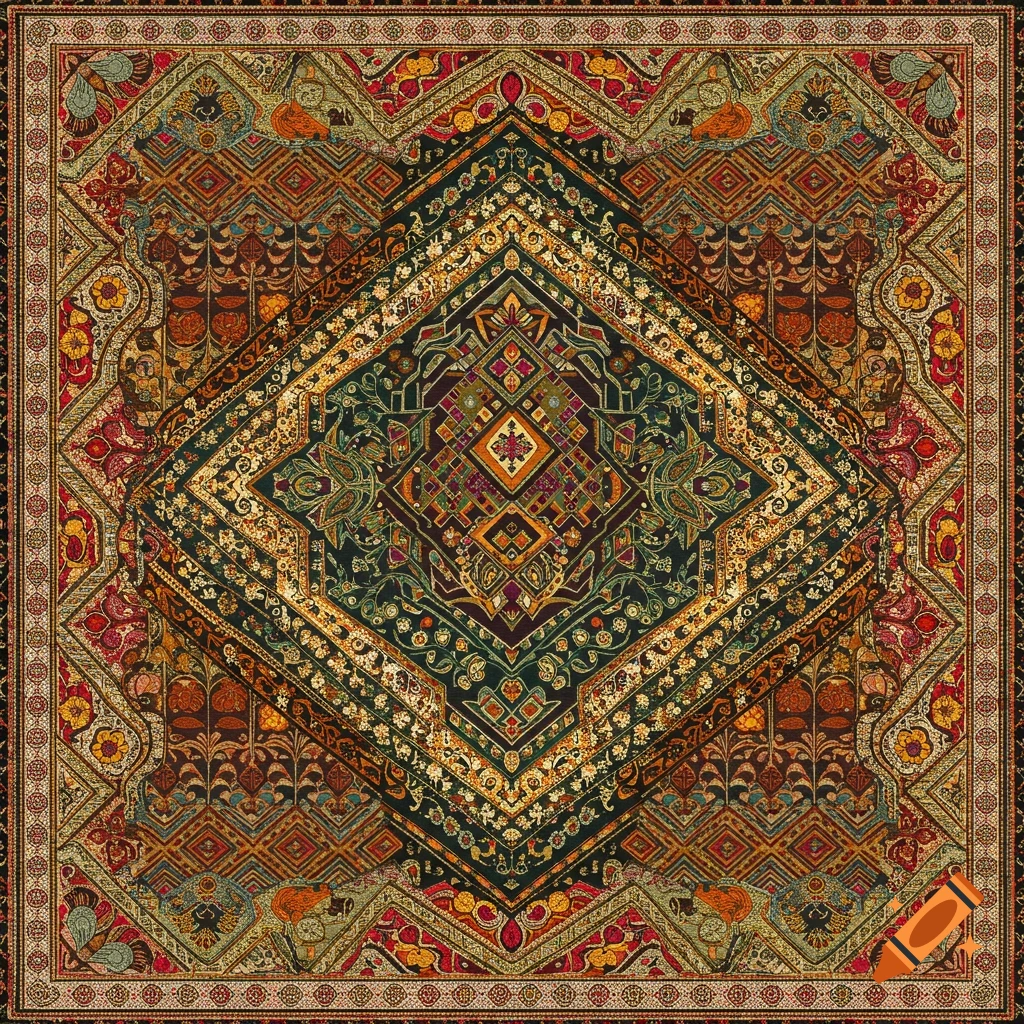 Ornate, colorful cultural pattern resembling a rug or textile.