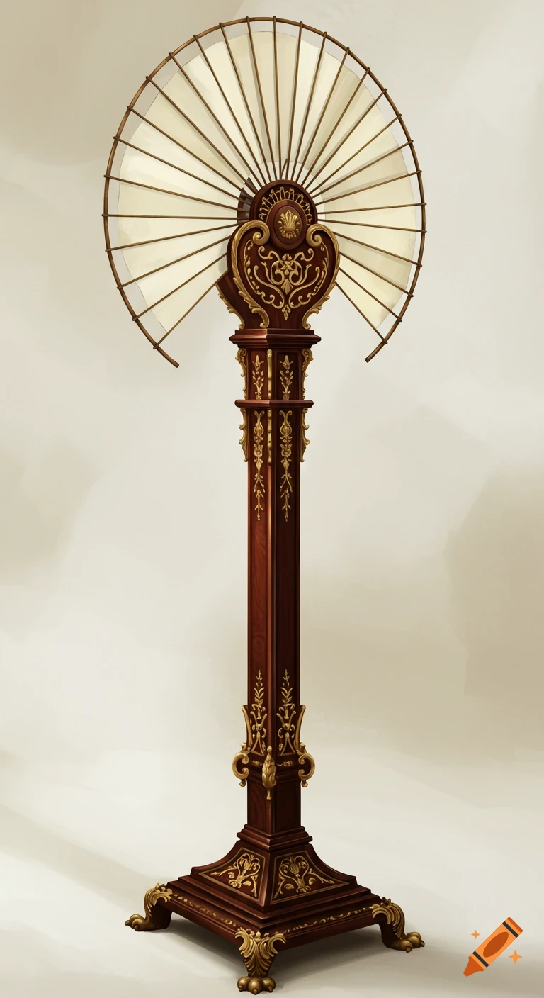 An ornate antique floor fan with a large, semi-circular blade and a detailed wooden and gold stand.