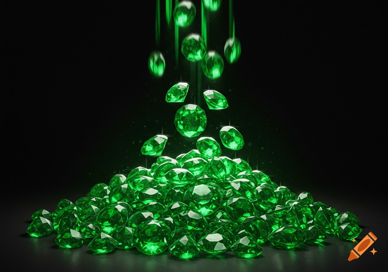 Green emeralds falling onto a pile of emeralds against a black background, photorealistic style.