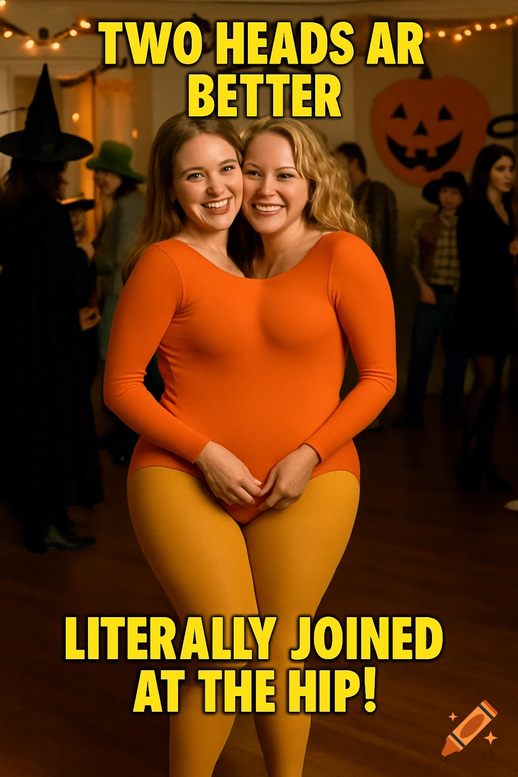 Two women in a two-headed costume at a Halloween party with text overlay
