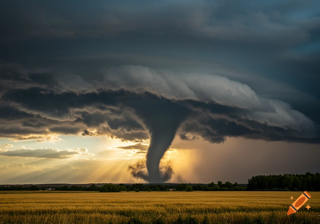 A large wedge tornado spins above a golden field under dark storm ...