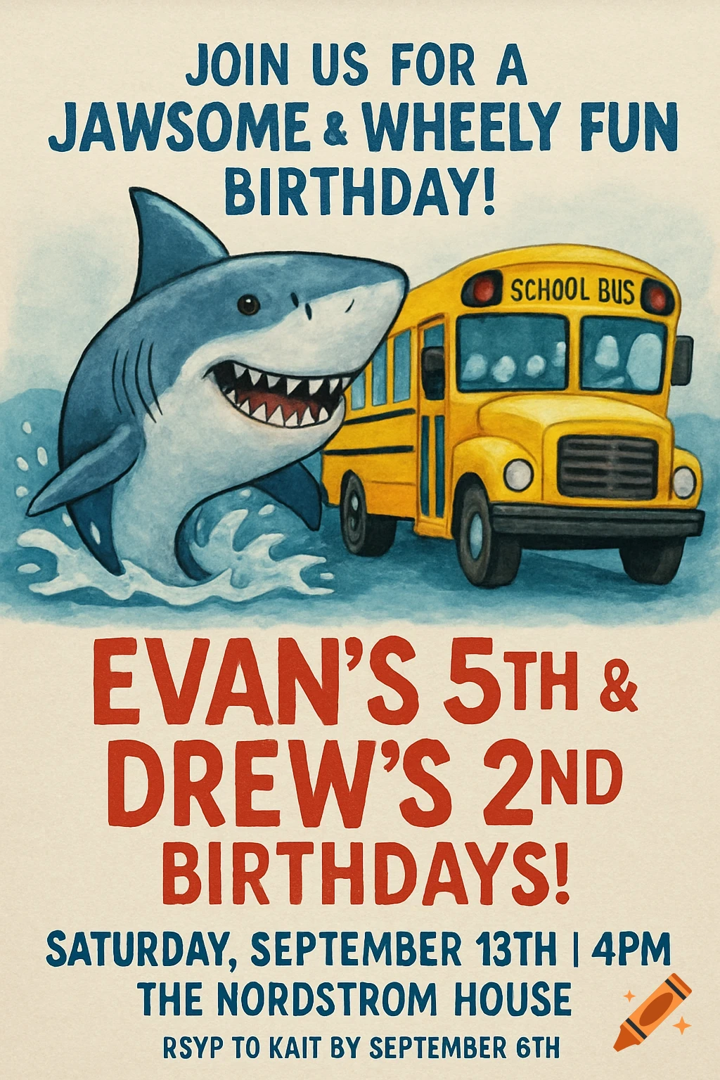 Illustrated birthday invitation with a shark and school bus