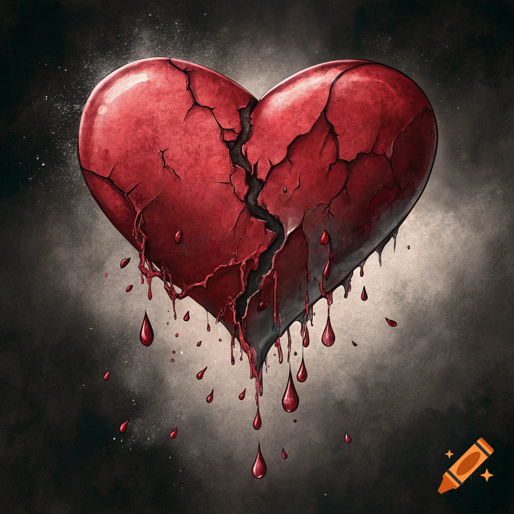 A stylized illustration of a broken, bleeding red heart with dark background.