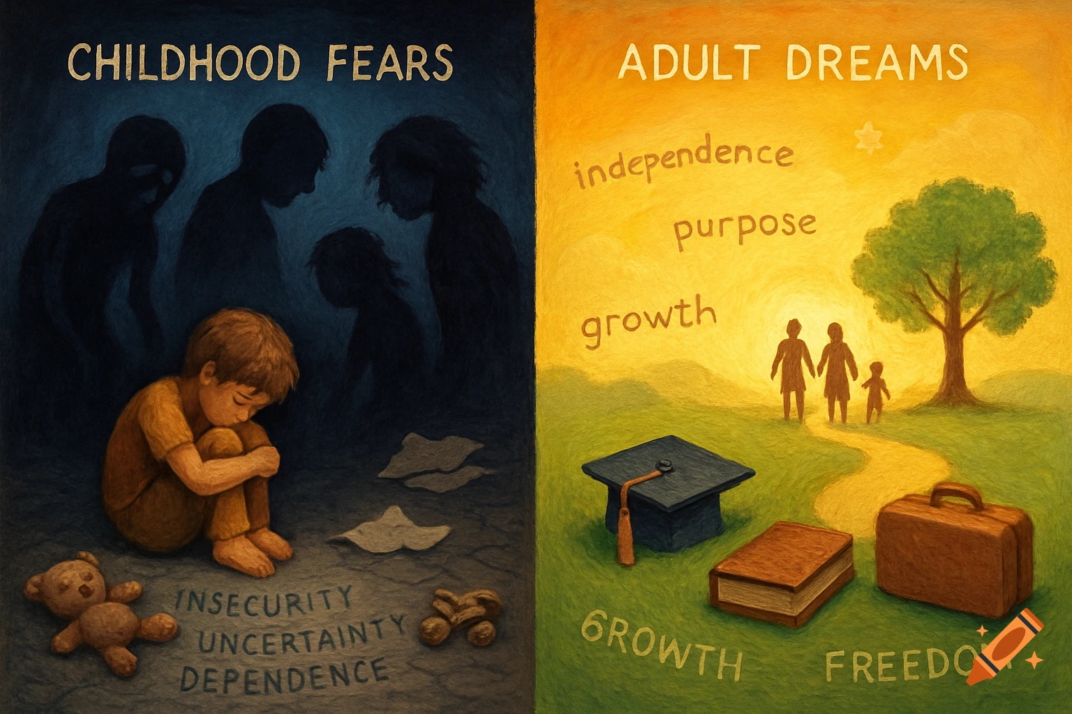 Split image: left dark childhood fears with a child, shadows, words like insecurity; right bright adult dreams with a family, symbols of achievement, words like freedom, growth.