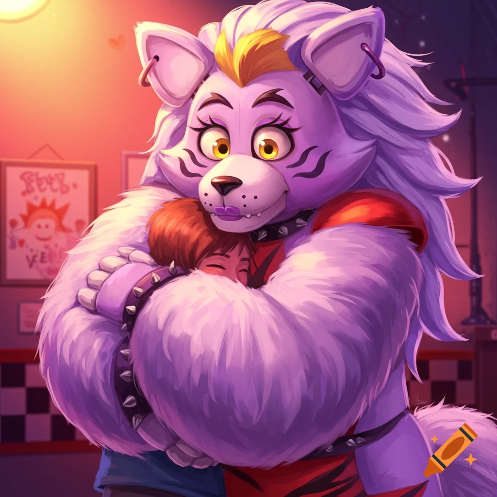 Illustration of Roxanne Wolf from FNAF giving a hug to a child.