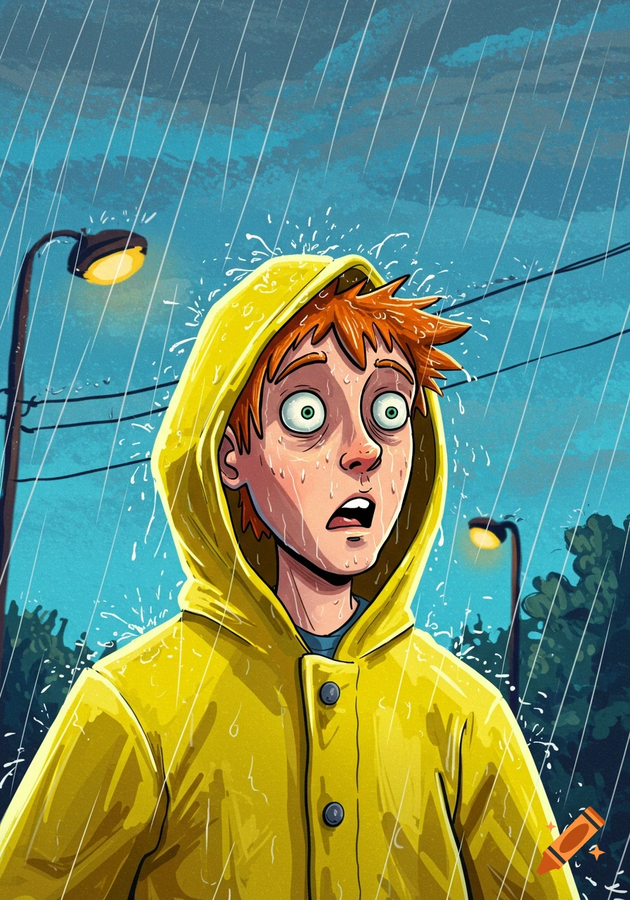 Cartoon illustration of a surprised person in a yellow raincoat in heavy rain.