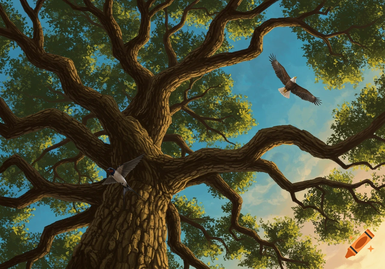 View from below of an oak tree with a swallow and eagle flying under a blue sky.
