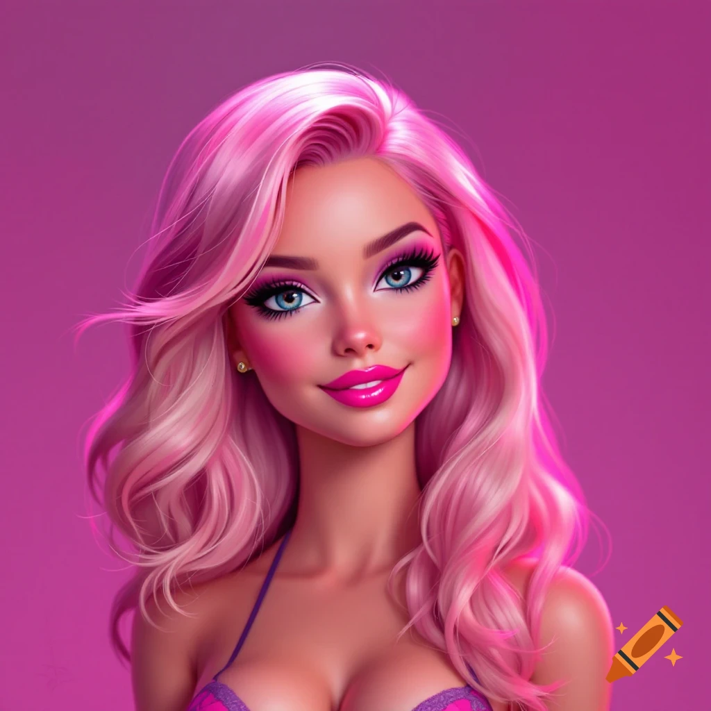 Stylized portrait of a woman with pink hair and blue eyes in a bikini top