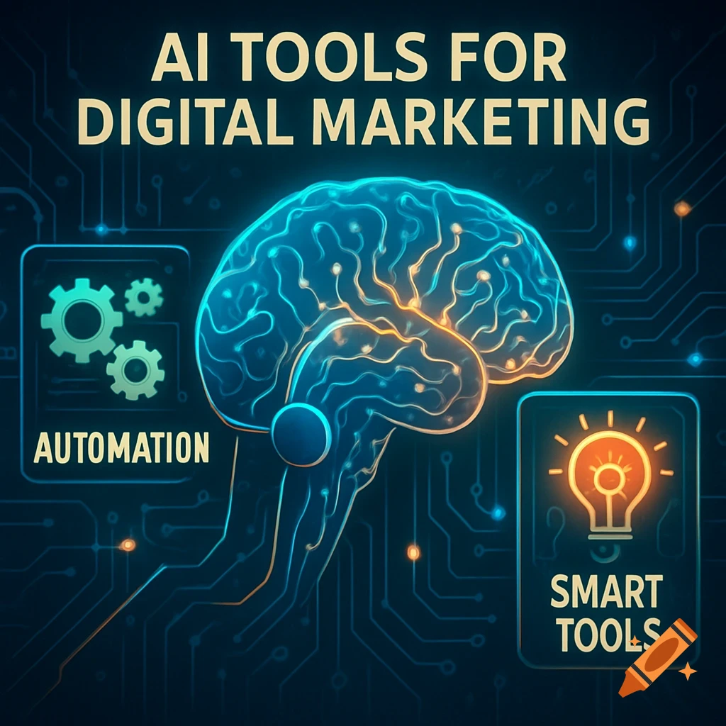 Glowing circuit brain with text AI TOOLS FOR DIGITAL MARKETING, AUTOMATION, SMART TOOLS on a tech background.